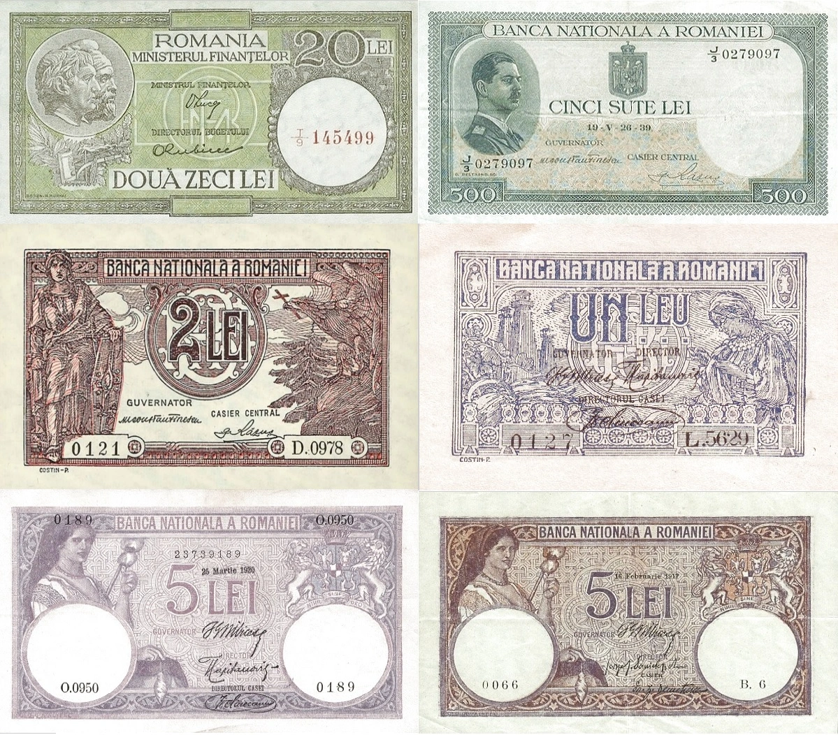 Bancnote românești vechi cu diverse valori nominale, inclusiv emisiuni rare din perioada Regatului și interbelică