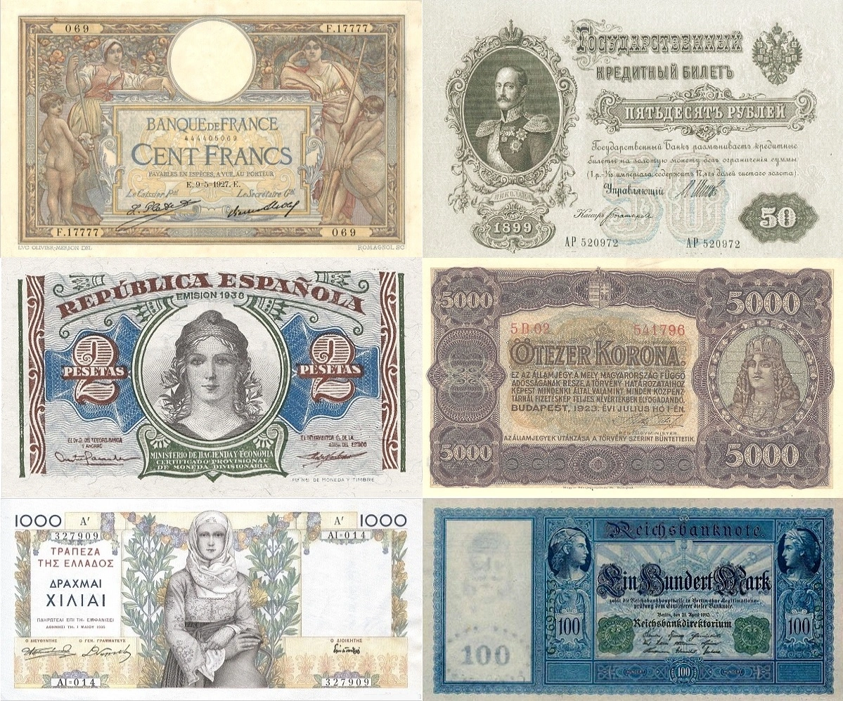 Colecție de bancnote vechi străine din Franța, Rusia, Spania, Ungaria, Grecia și Germania